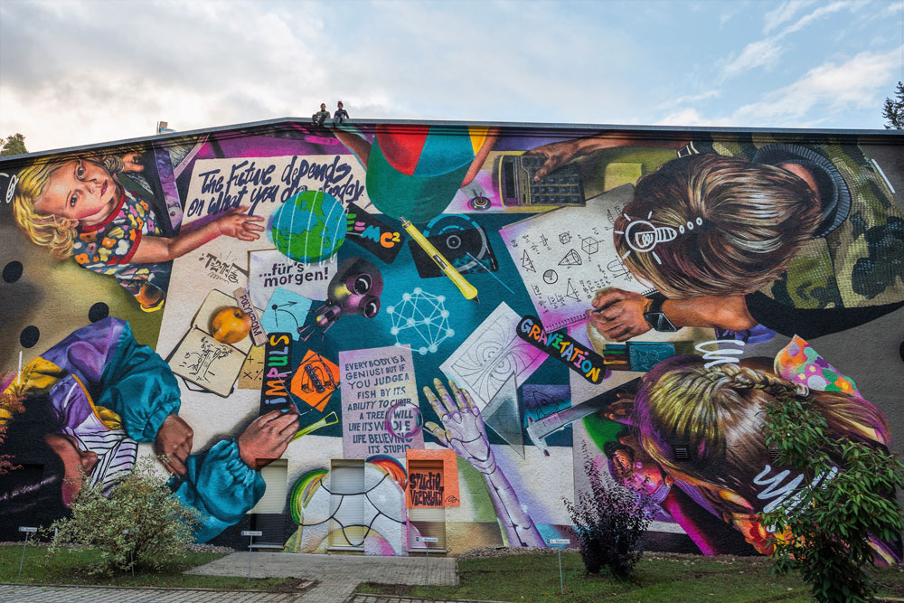 Die Streetart-Wand der Experimentierwelten im Neckartaal in Rottweil
